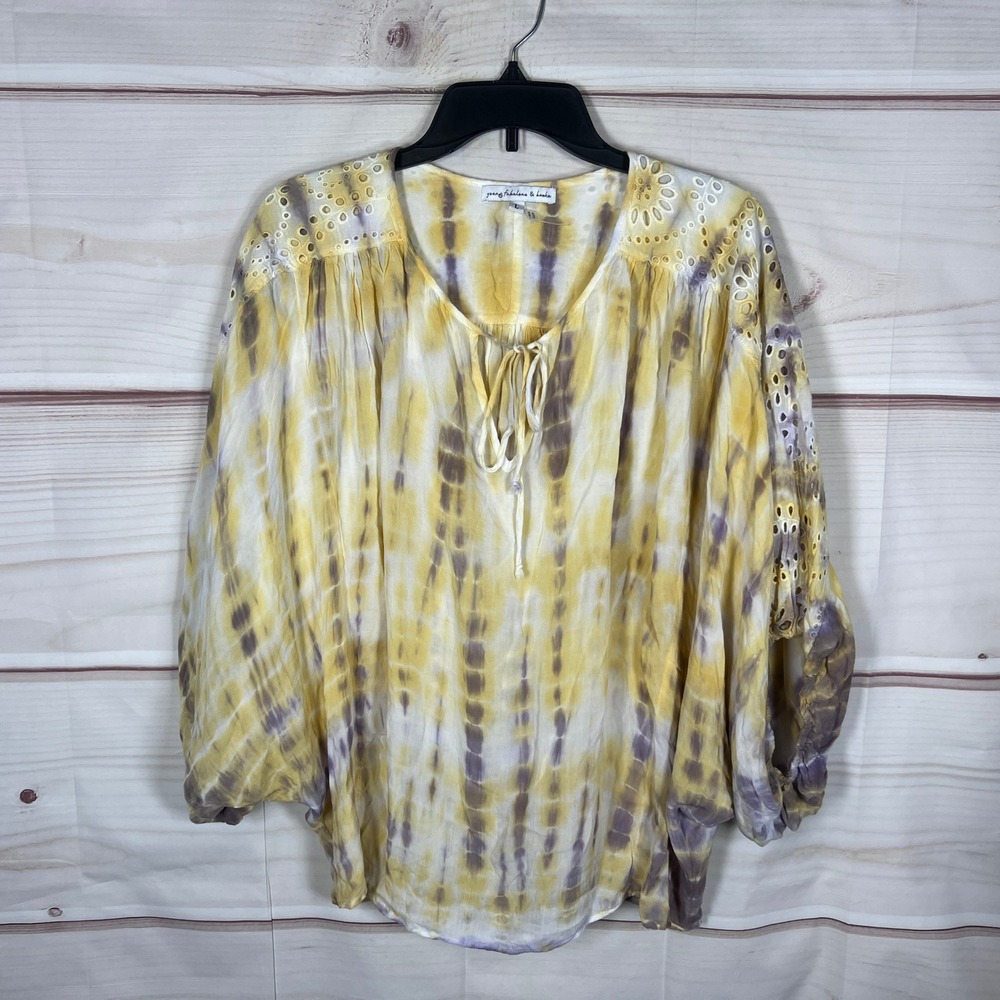 Young Fabulous & Broke Blouse Womens L Yellow Tie Dye Eyelet Boho Oversized Top